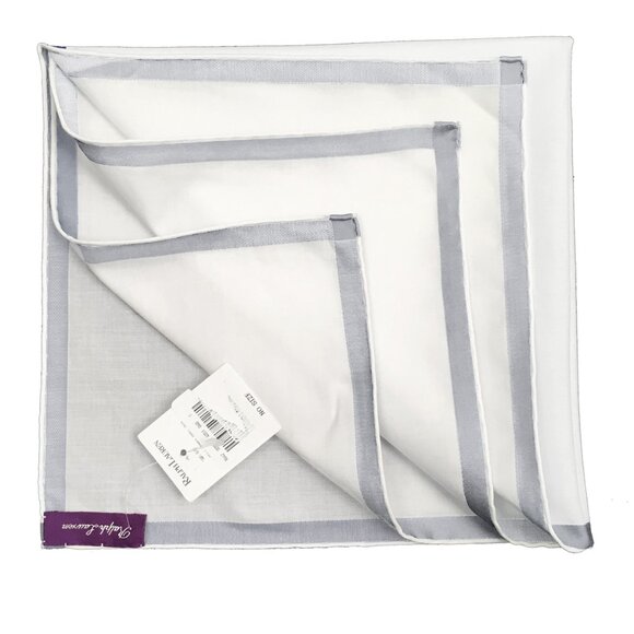 NEW Ralph Lauren Purple Label Linen Pocket Square! White With Silver Gray Border - Picture 2 of 2